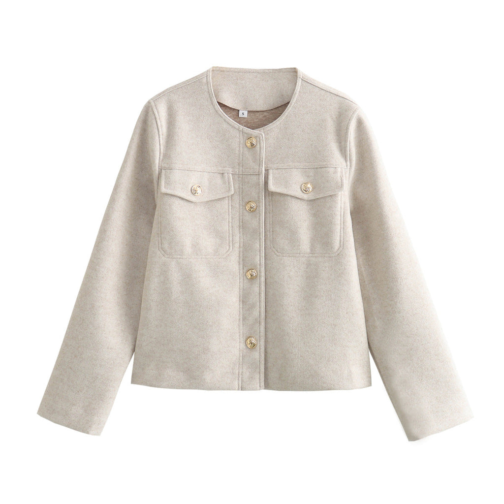 Fashionable Jacket with Two Patch Pockets and Gold Button Details