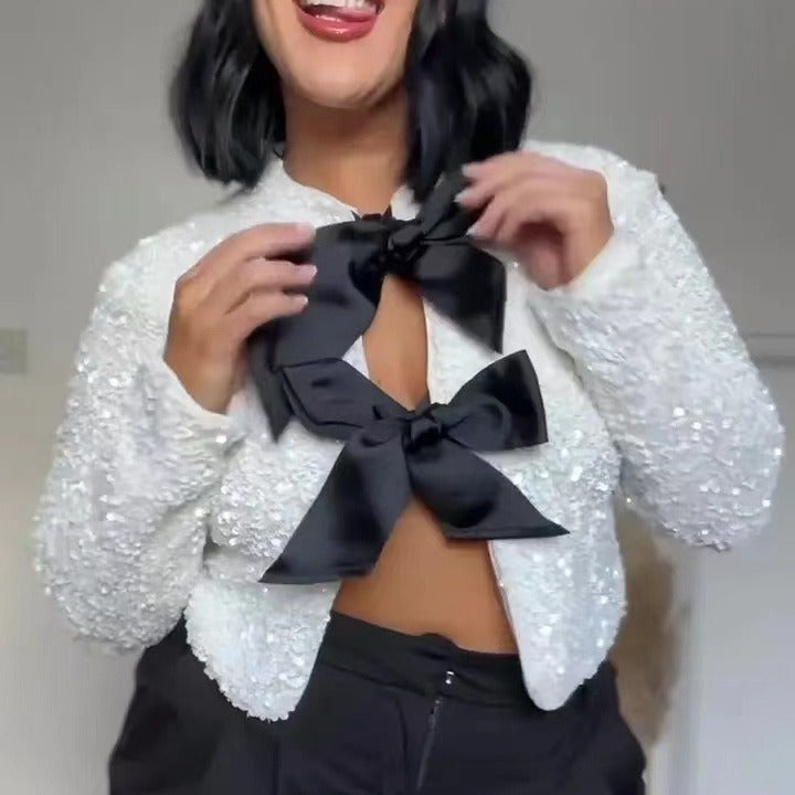 Elegant Jacket with Sequin Trim and Bow Detail