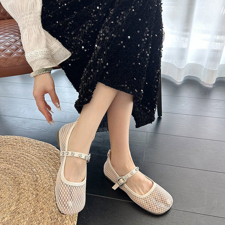 Women's Ballet Flats with Decorative Mesh Design and Sparkling Strap