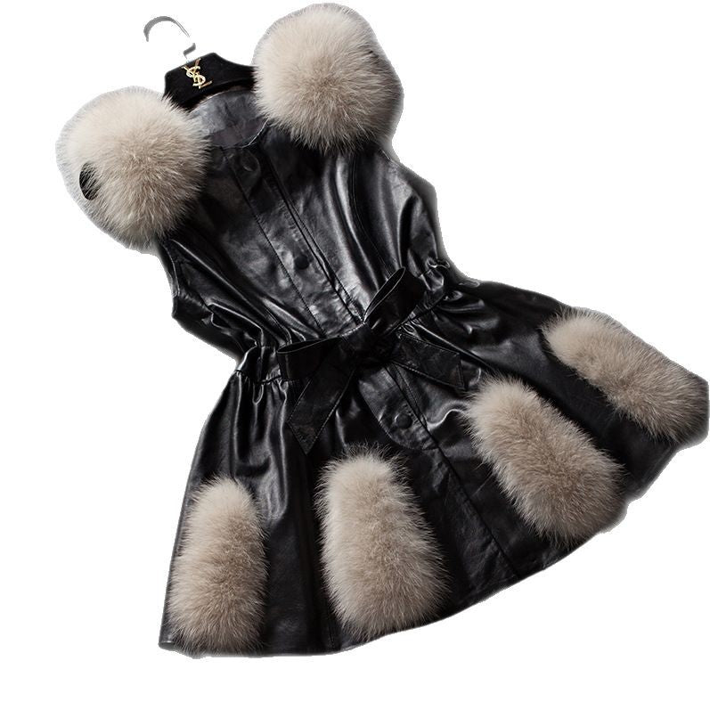 Women's Elegant Faux Leather Coat with Faux Fur Accents and Belt
