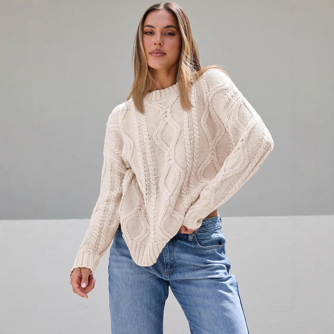 Women's Chunky Knit Sweater with Wave Pattern and Wide Cut