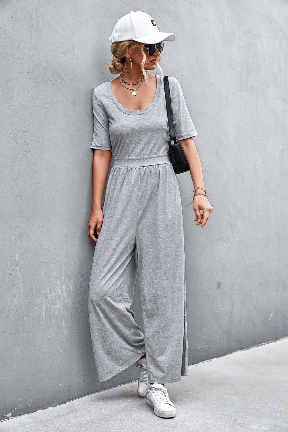 Women's Wide-Leg Jumpsuit with Elegant Round Neck