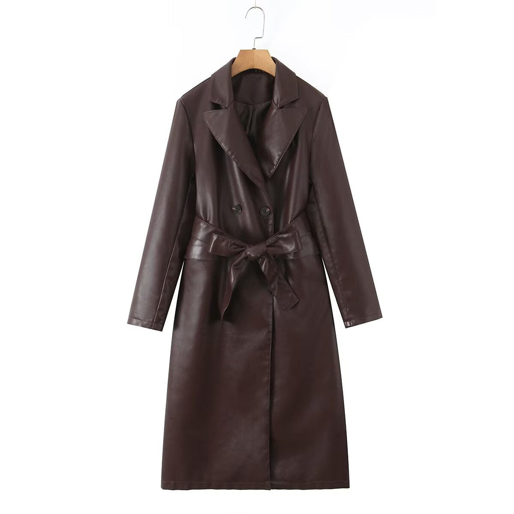 Women's Faux Leather Trench Coat with Waist Belt and Elegant Pocket Seams