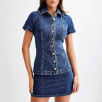 Women's Denim Shirt Dress with Tailored Fit and Short Sleeves