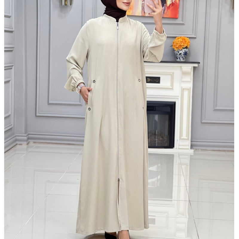 Women's Long Coat with Zipper and Practical Pockets