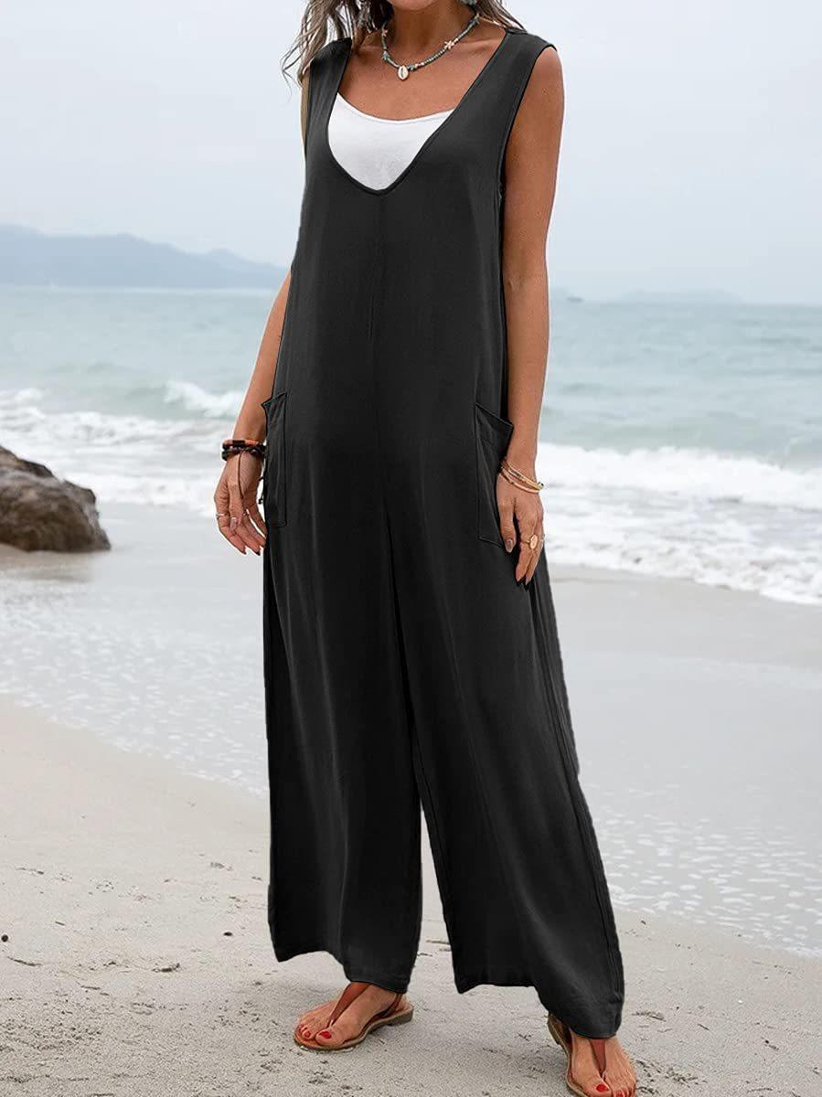 Casual Jumpsuit with Deep V-Neck and Practical Pockets