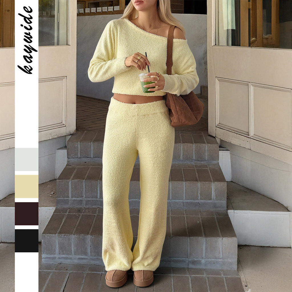 Women's Cozy Bouclé Lounge Set with One-Shoulder Crop Pullover and High-Waist Palazzo Pants