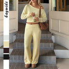 Women's Cozy Bouclé Lounge Set with One-Shoulder Crop Pullover and High-Waist Palazzo Pants