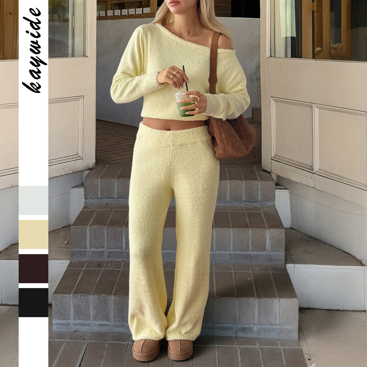 Women's Cozy Bouclé Lounge Set with One-Shoulder Crop Pullover and High-Waist Palazzo Pants