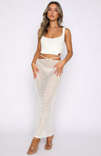 Women's Crocheted Crop Top and Maxi Skirt Set with Side Slits and Tie Details