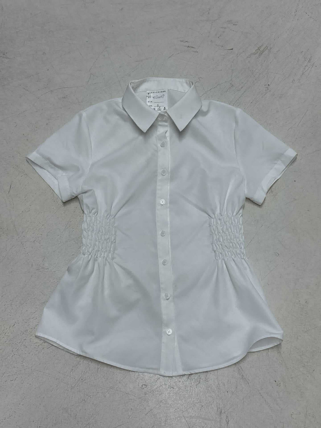 Women's Form-Fitting Short Sleeve Blouse with Ruching and Button Details