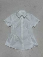 Women's Form-Fitting Short Sleeve Blouse with Ruching and Button Details