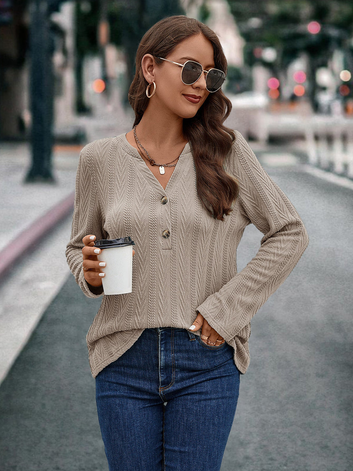 Women's Long-Sleeve Blouse with Textured Pattern