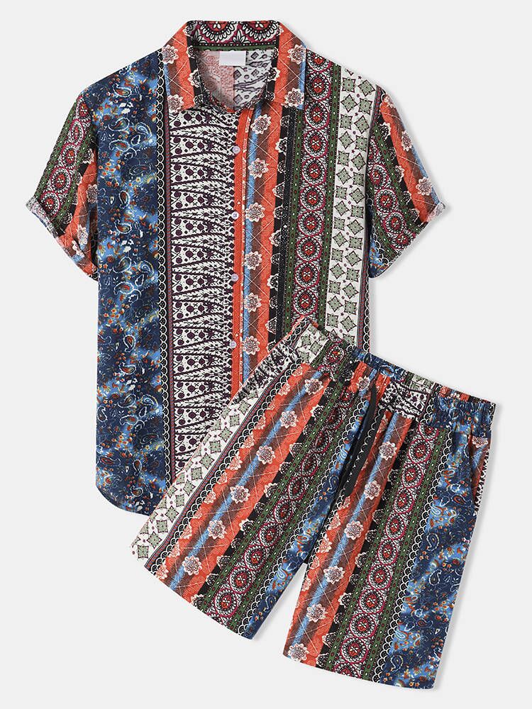 Women's Short-Sleeve Vacation Shirt with Colorful Pattern and Comfortable Shorts