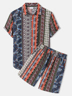 Women's Short-Sleeve Vacation Shirt with Colorful Pattern and Comfortable Shorts