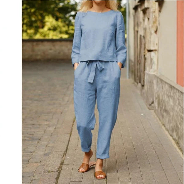 Women's Casual Linen Loungewear Set with Round Neck and Tie Belt