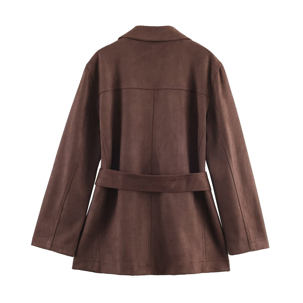 Elegant Women's Suede Blazer with Waist Belt