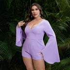 Women's Elegant Playsuit with Wide Sleeves and Deep V-Neck