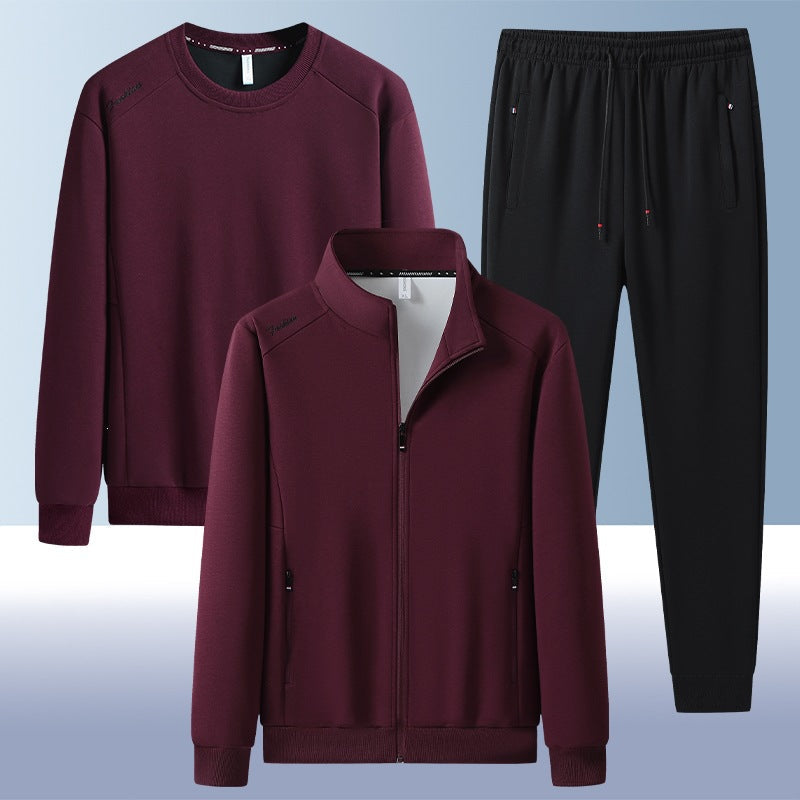 Men's two-piece training set with stand-up collar zip jacket, round neck sweatshirt, and tapered jogging pants