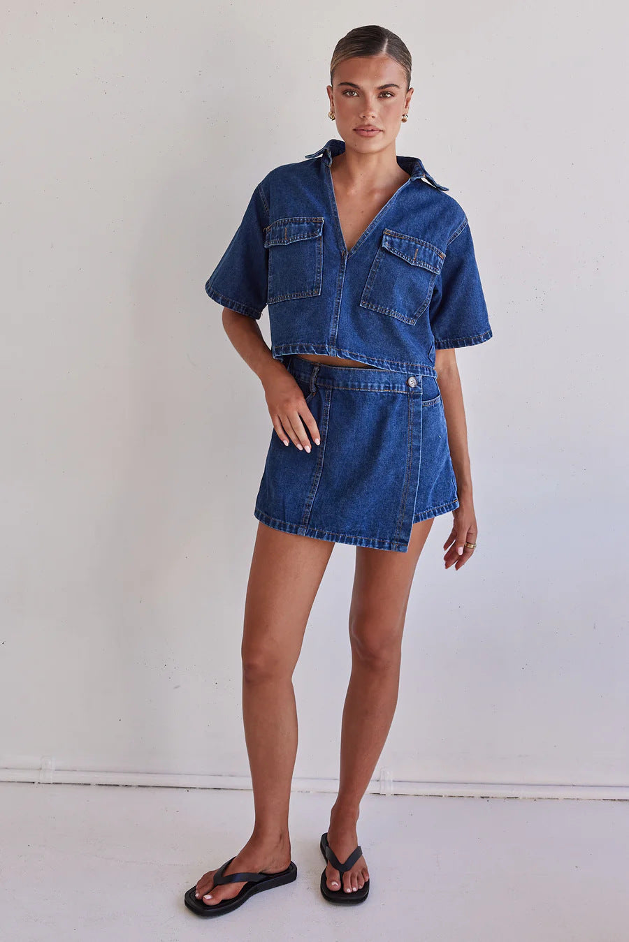 Denim Crop Shirt and Skirt Set