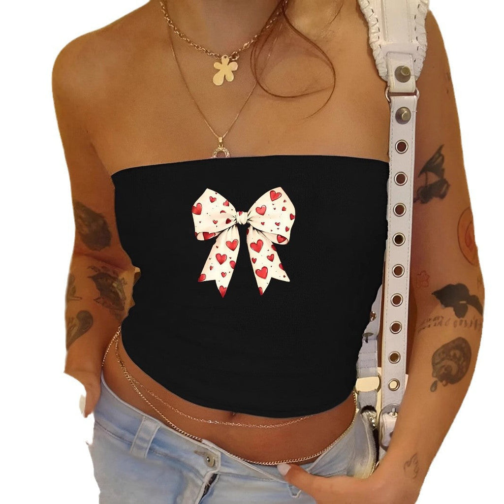Women's Bandeau Top with Romantic Heart Motif and Bow Print