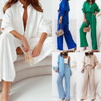 Women's Casual Two-Piece Linen Set with Loose Blouse and Wide-Leg Pants