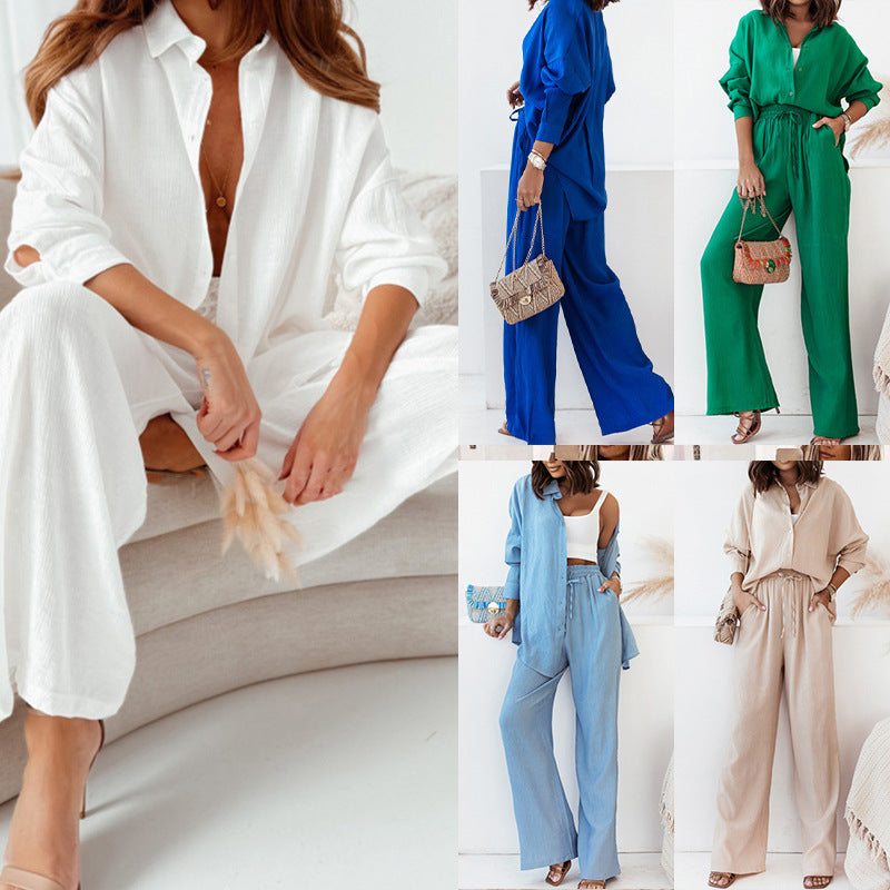 Women's Casual Two-Piece Linen Set with Loose Blouse and Wide-Leg Pants