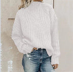 Women's Chunky Knit Sweater with High Collar and Cable Details