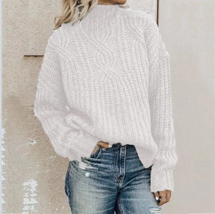 Women's Chunky Knit Sweater with High Collar and Cable Details