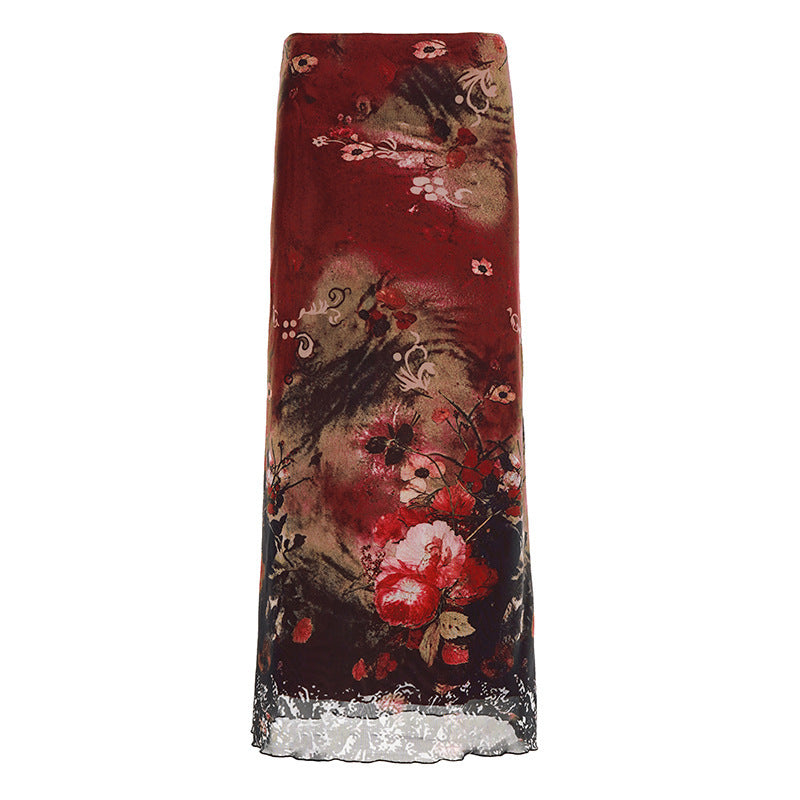 Women's Long Satin-Chiffon Maxi Skirt with Floral Watercolor Print