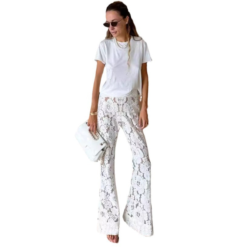 Women's Elegant Wide-Leg Lace Pants with Floral Details