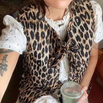 Women's Sleeveless Top with Bow Detail and Leopard Print