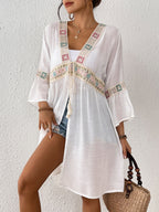 Women's Airy Beach Kimono with Floral Embroidery