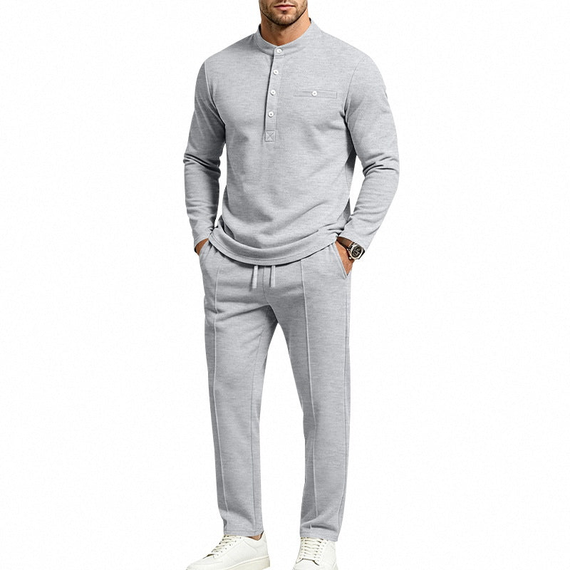 Men's Two-Piece Leisure Set with Henley Long Sleeve Shirt and Jogging Pants
