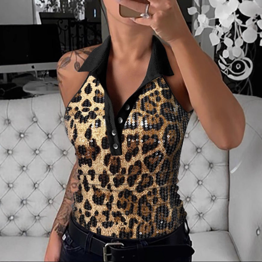 Women's Glittering Leopard Print Polo Shirt