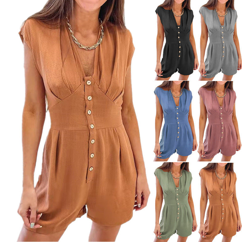 Women's V-Neck Jumpsuit with Decorative Buttons