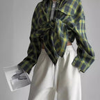 Women's Cozy Plaid Shirt with High Collar and Button Closure