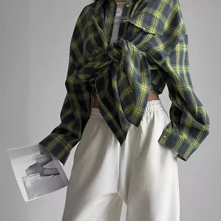 Women's Cozy Plaid Shirt with High Collar and Button Closure