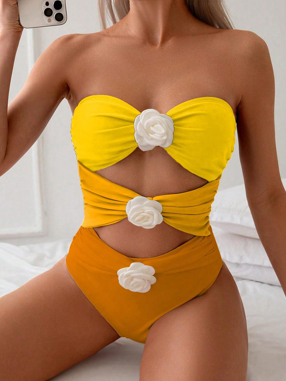 Women's Bandeau Swimsuit with Elegant Ruffles and Floral Accents