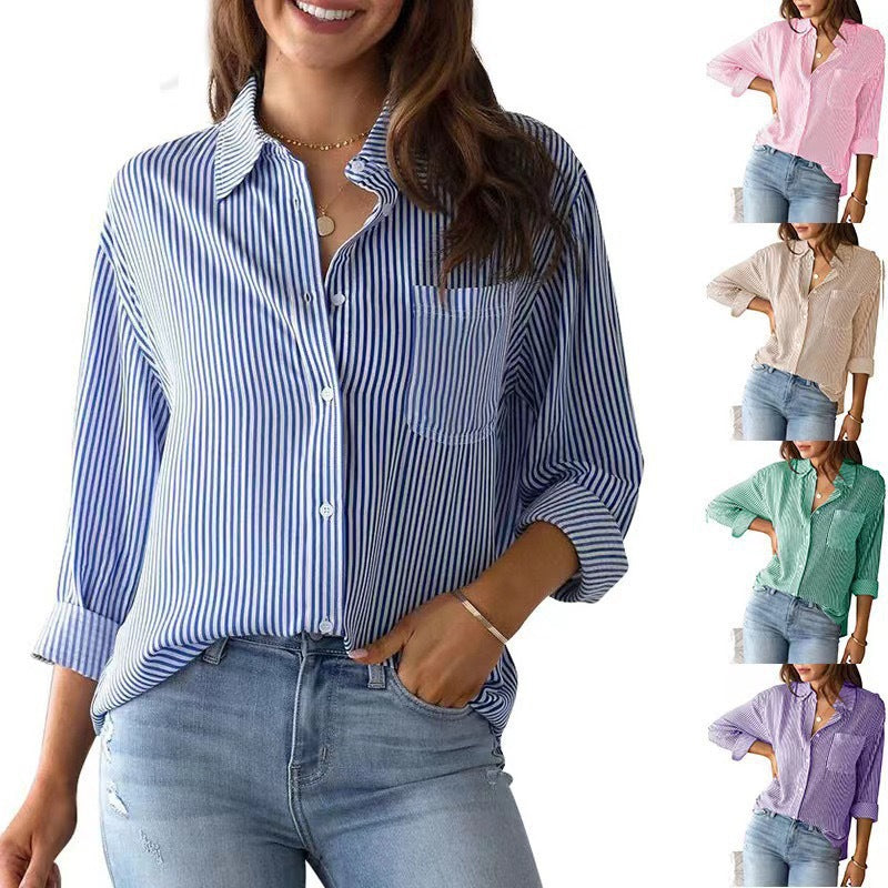 Women's Loose Striped Shirt with Chest Pocket and Roll-Up Sleeves