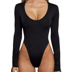 Women's Long-Sleeve Bodysuit with Deep Round Neckline