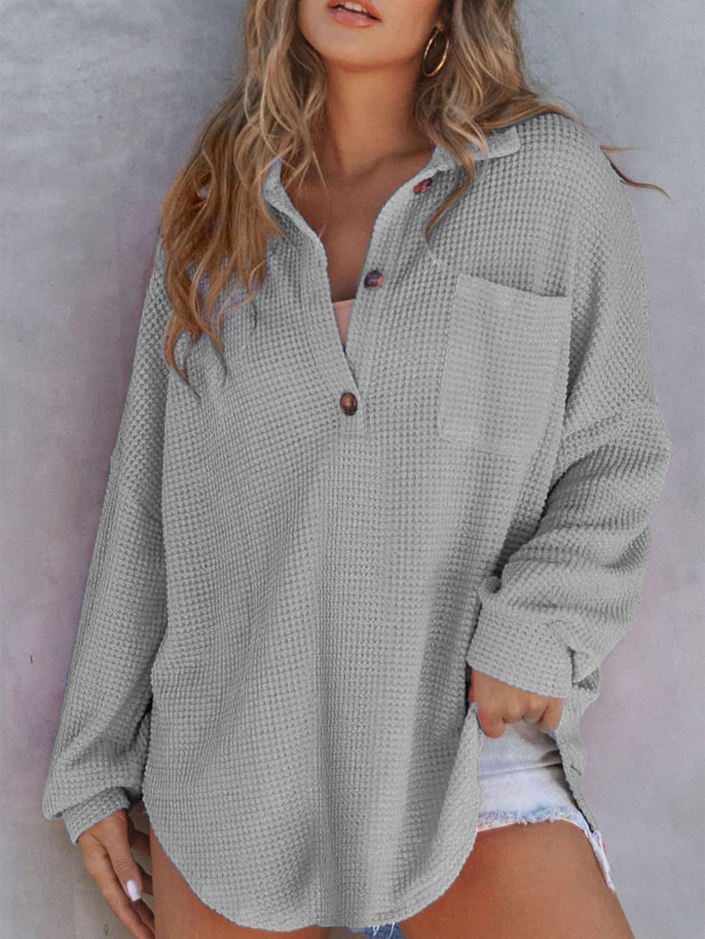 Women's Casual Waffle Texture Shirt with Button Placket and Chest Pocket
