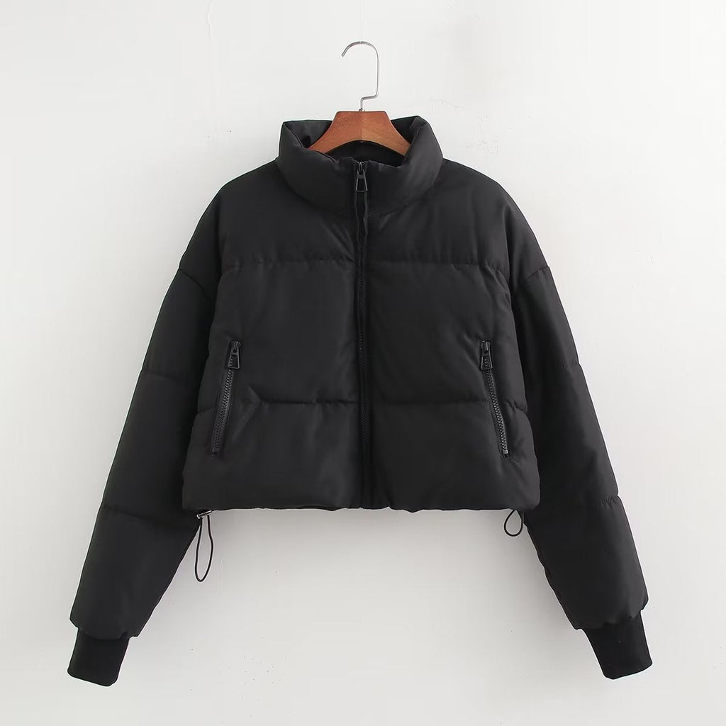 Women's Cropped Puffer Jacket with High Collar and Zipper Pockets