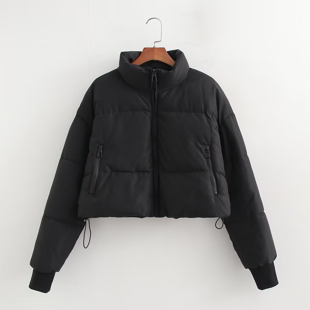 Women's Cropped Puffer Jacket with High Collar and Zipper Pockets