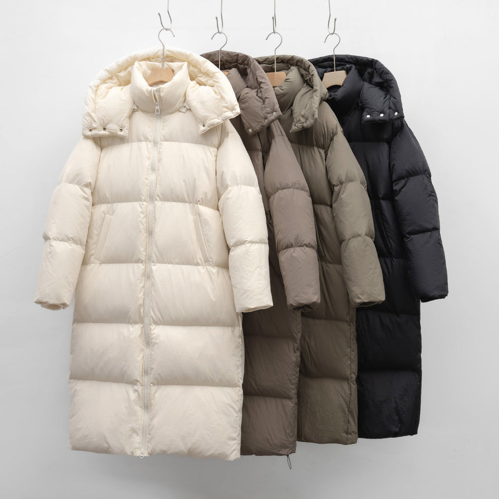Women's Long Voluminous Down Coat with Detachable Hood and Side Pockets