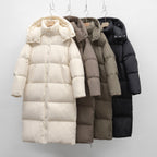 Women's Long Voluminous Down Coat with Detachable Hood and Side Pockets