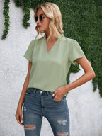 Women's Elegant V-Neck Blouse Shirt in Flowing Material