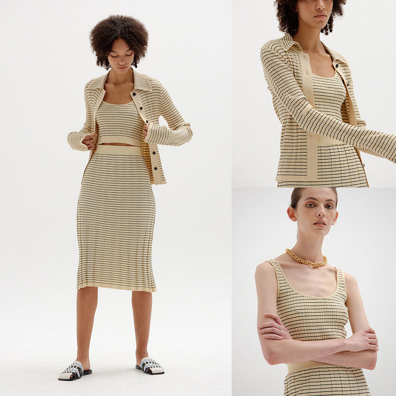 Women's Elegant Knit Ensemble with Button Placket and High Collar