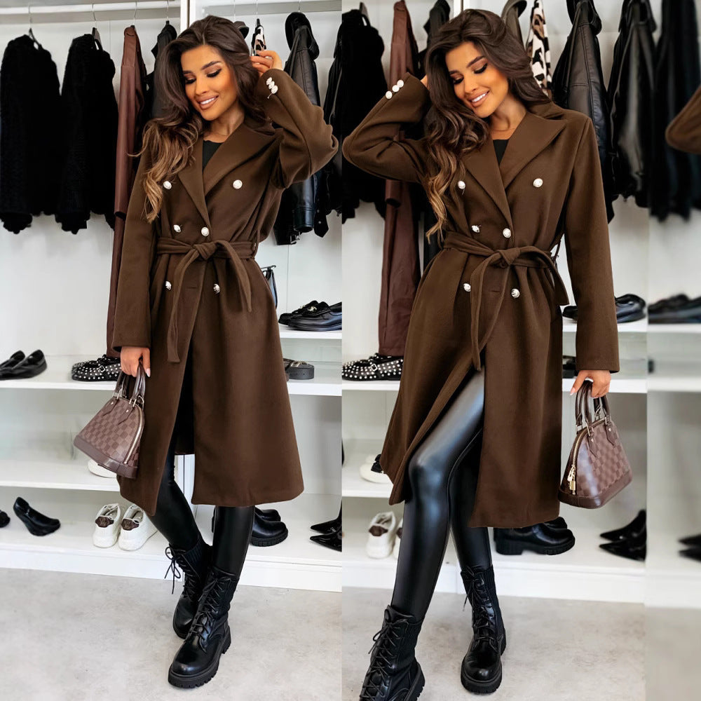 Elegant Coat with Waist Belt and Double Button Placket