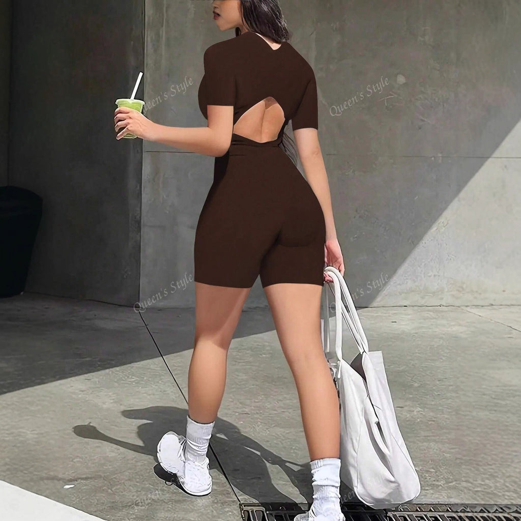 Women's Short-Sleeve Bodycon Jumpsuit with Zipper